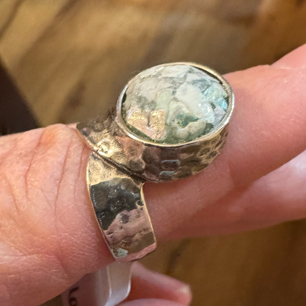 Or Paz 925 Israel Hammered Inlay Roman Glass Twisted Ring (size 6)